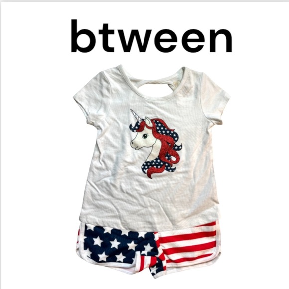 NWT btween Two Piece Shorts Outfit in a Patriotic Unicorn and Flag Design Size 5 - Picture 1 of 13